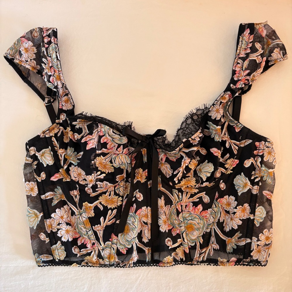 Victoria's Secret Black Floral Mesh Corset Bustier Cap Shoulder Lace Trim Boned‎